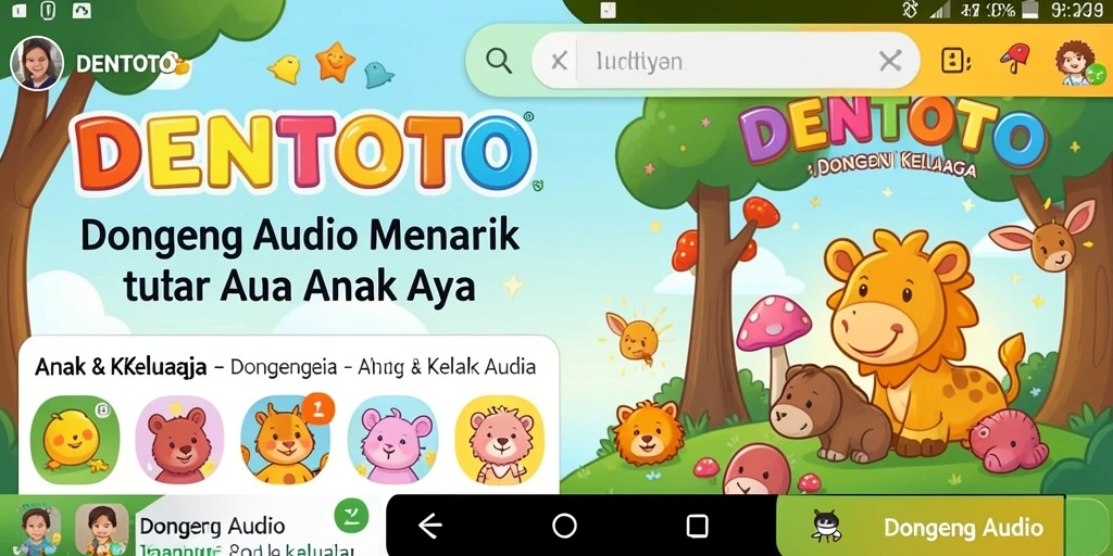 Tampilan antarmuka DENTOTO yang ramah anak dengan berbagai pilihan dongeng.