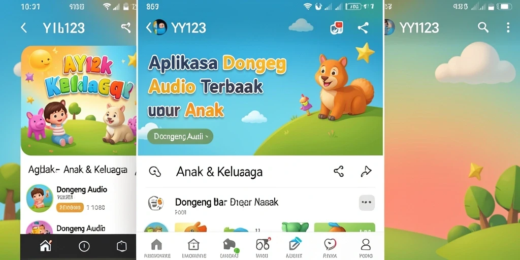 Tampilan antarmuka aplikasi Dongeng Audio yang menarik dan ramah anak.